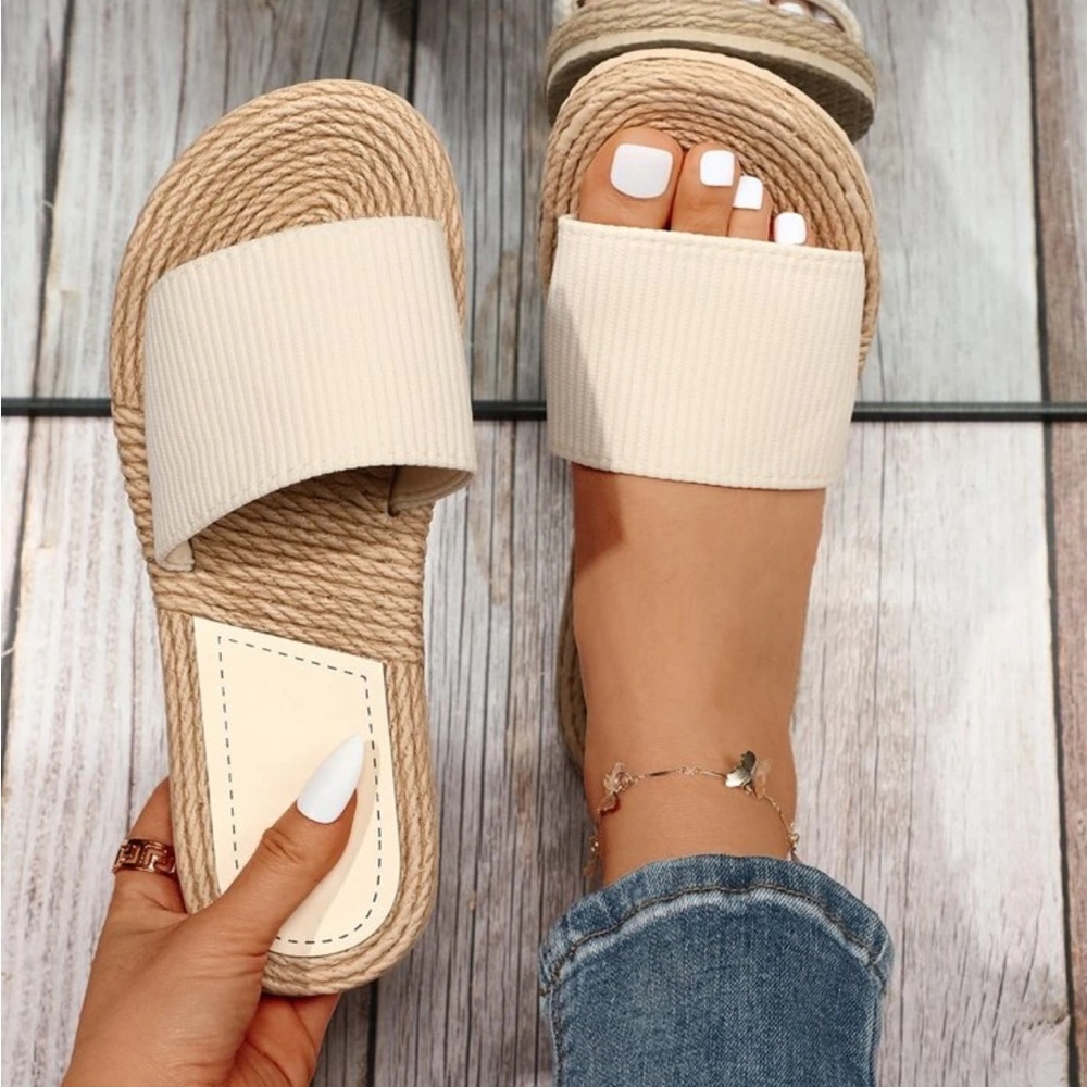 Cream Ribbed Flat Espadrille Sandals